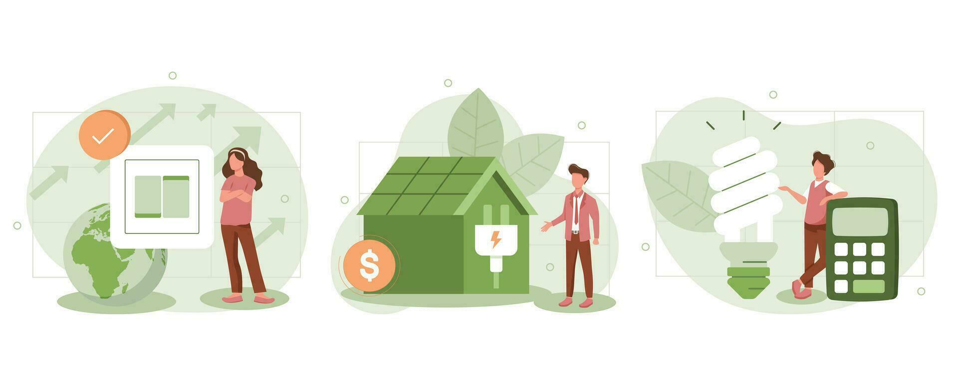 sostenibilità illustrazione collezione. energia consumo nel domestico. personaggi utilizzando energia efficiente dispositivi, pagare Di meno e Salvataggio i soldi. energia Salva concetto. vettore illustrazione