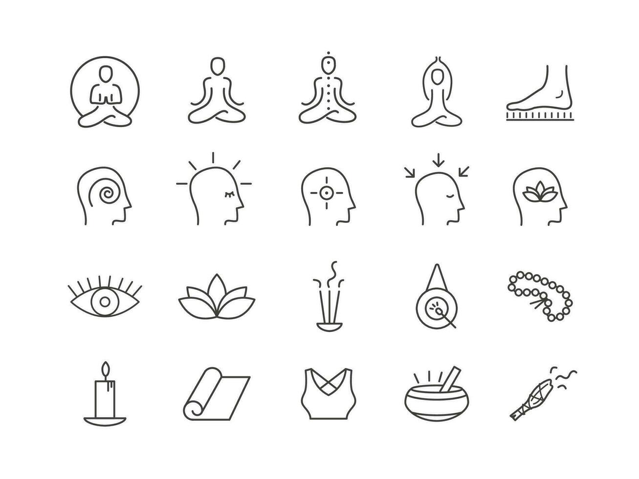 consapevolezza e meditazione concetto vettore schema icone impostare. collezione di elementi per autocoscienza, emotivo equilibrio e spirituale pratiche.