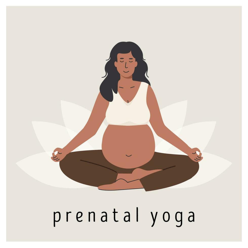 incinta nero donna Meditare all'aperto. prenatale yoga. africano buio pelle donna nel parco seduta con gambe attraversato praticante meditazione. rilassante esercizio durante gravidanza. piatto vettore illustrazione.