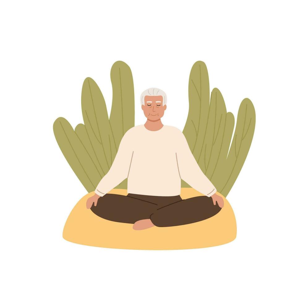 anziano femmina maschio persona seduta all'aperto a parco e praticante yoga. moderno anziano donna uomo con attraversato gambe chiuso occhi Meditare su natura. meditazione, addominale respirazione spirituale la pratica. vettore