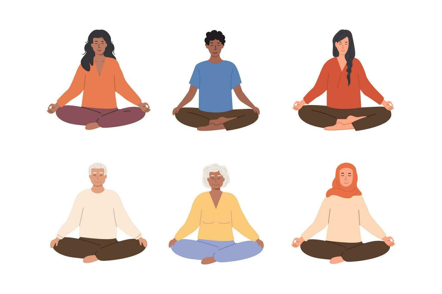 impostato di diverso femmina e maschio persone Meditare e fare yoga respirazione esercizio. anziano e giovane donna e uomo praticante meditazione. vettore illustrazione personaggi isolato su bianca sfondo.