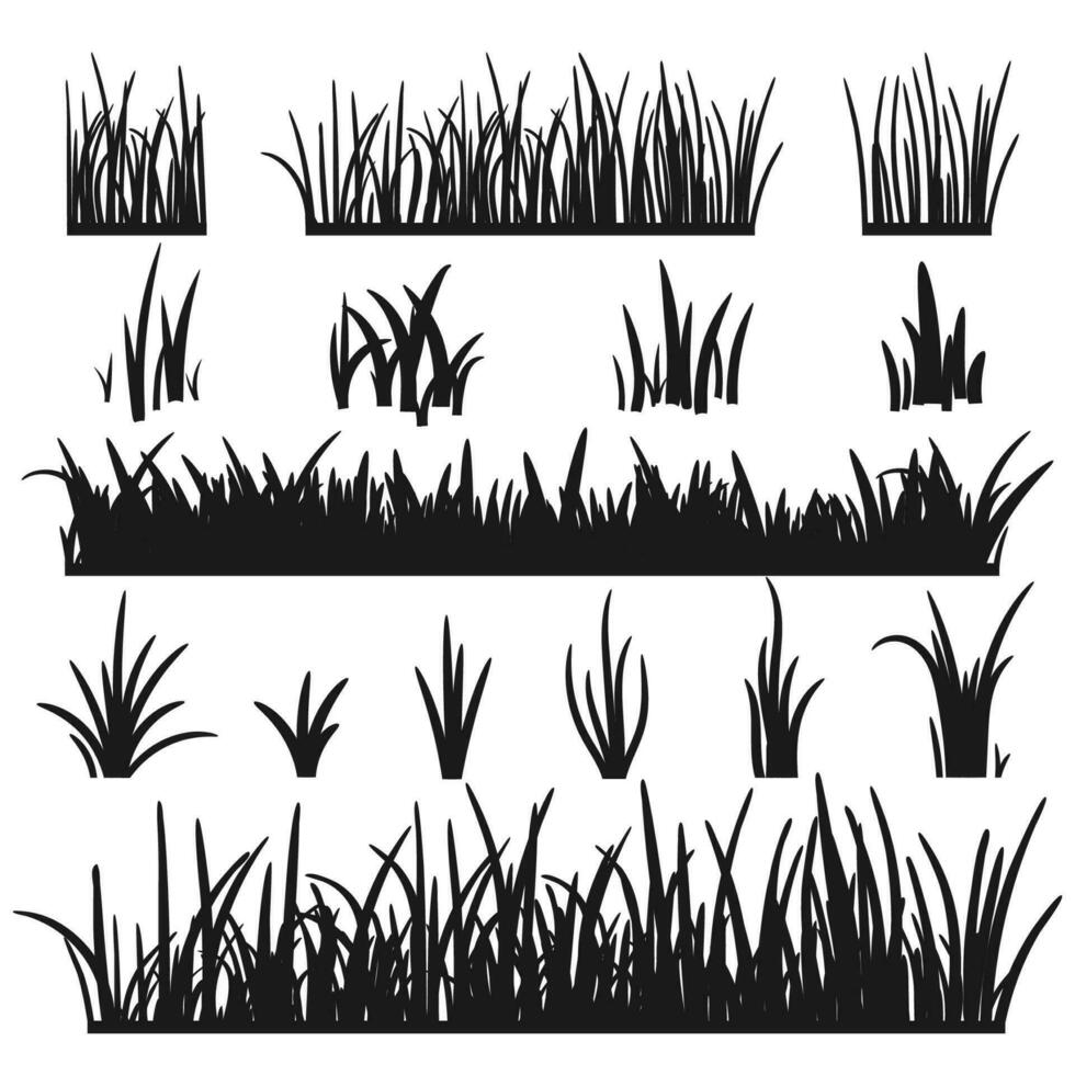 impostato di nero erba sagome isolato su bianca sfondo. erba altezza design elementi di natura. modello per design. prato vettore illustrazione