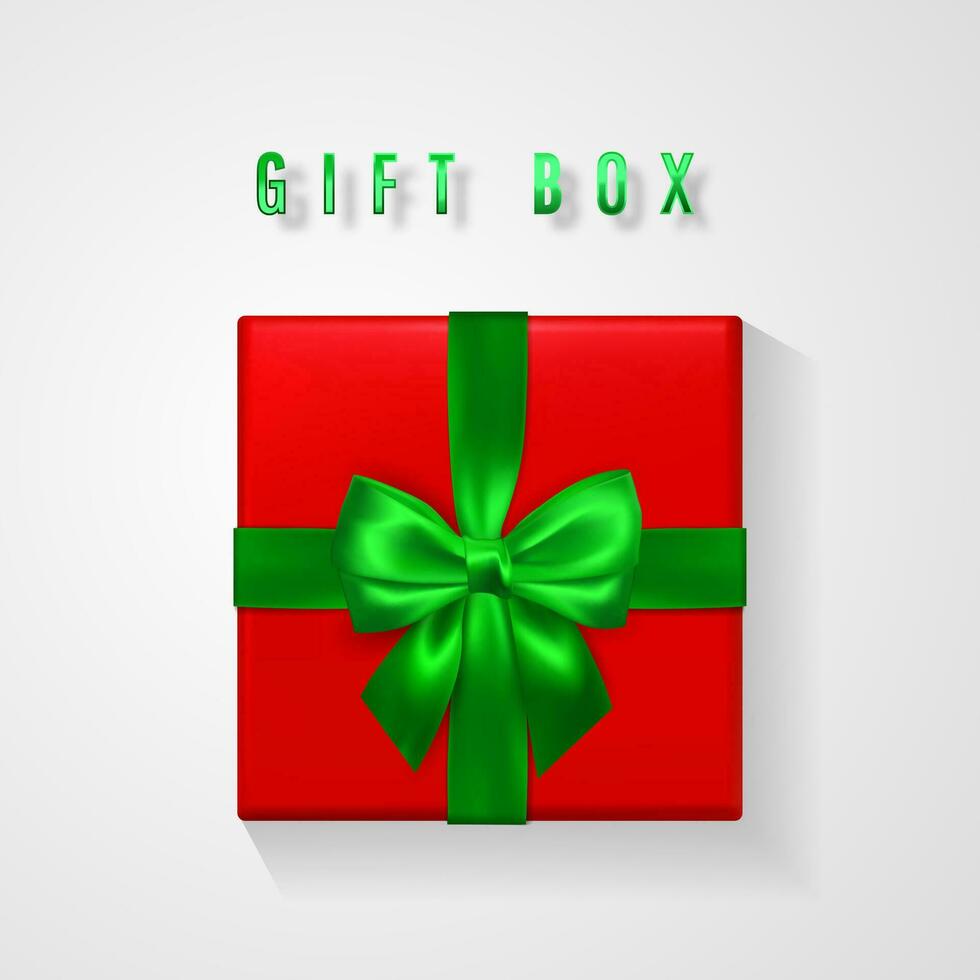 impostato rosso regalo scatola con verde arco e nastro superiore Visualizza. elemento per decorazione i regali, saluti, vacanze. vettore illustrazione