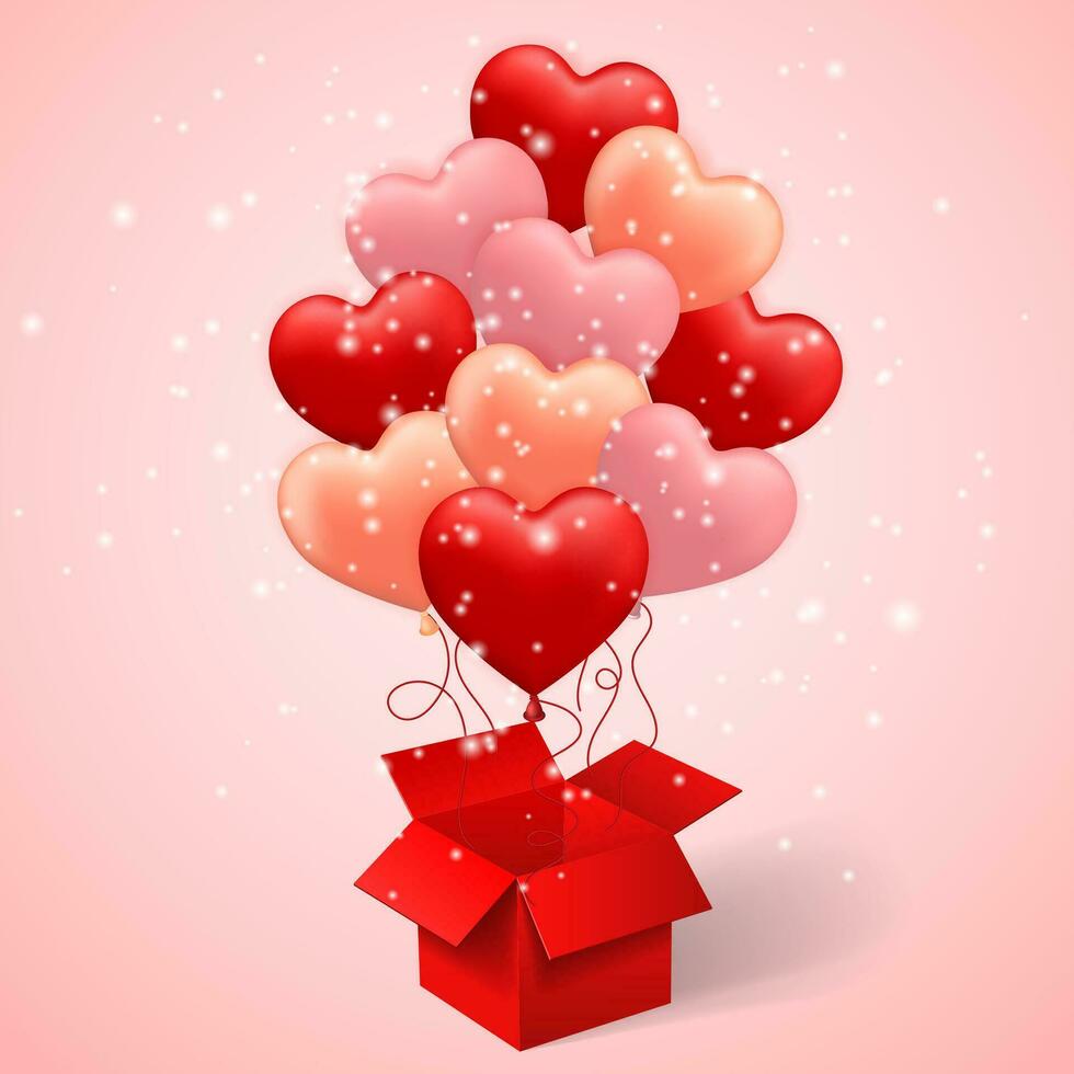 contento san valentino giorno sfondo, Palloncino nel modulo di cuore con arco e nastro e Aperto rosso scatola. vettore illustrazione