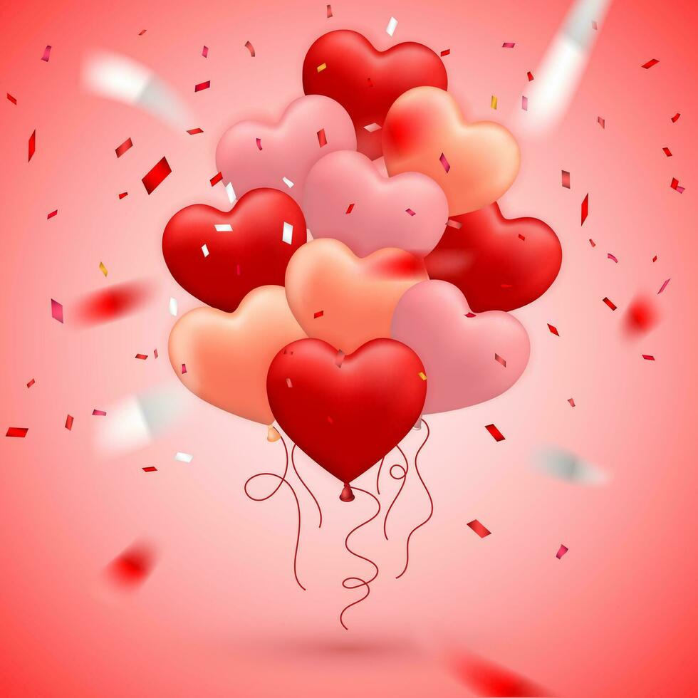 contento san valentino giorno, rosso, rosa e arancia Palloncino nel modulo di cuore con nastro vettore Immagine