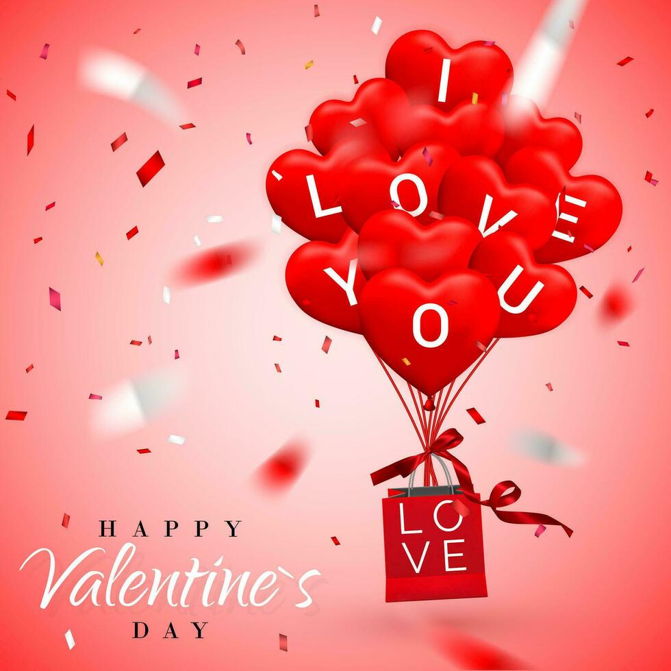 contento san valentino giorno sfondo, rosso Palloncino nel modulo di cuore con arco e nastro e carta shopping Borsa. vettore illustrazione