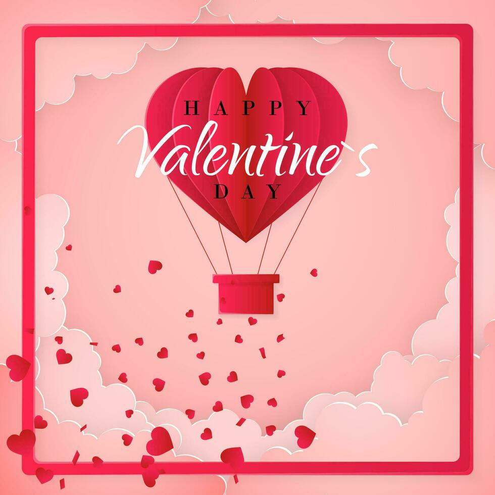 contento san valentino giorno invito carta modello con origami carta caldo aria Palloncino nel cuore forma, bianca nuvole e coriandoli. rosa sfondo. vettore illustrazione