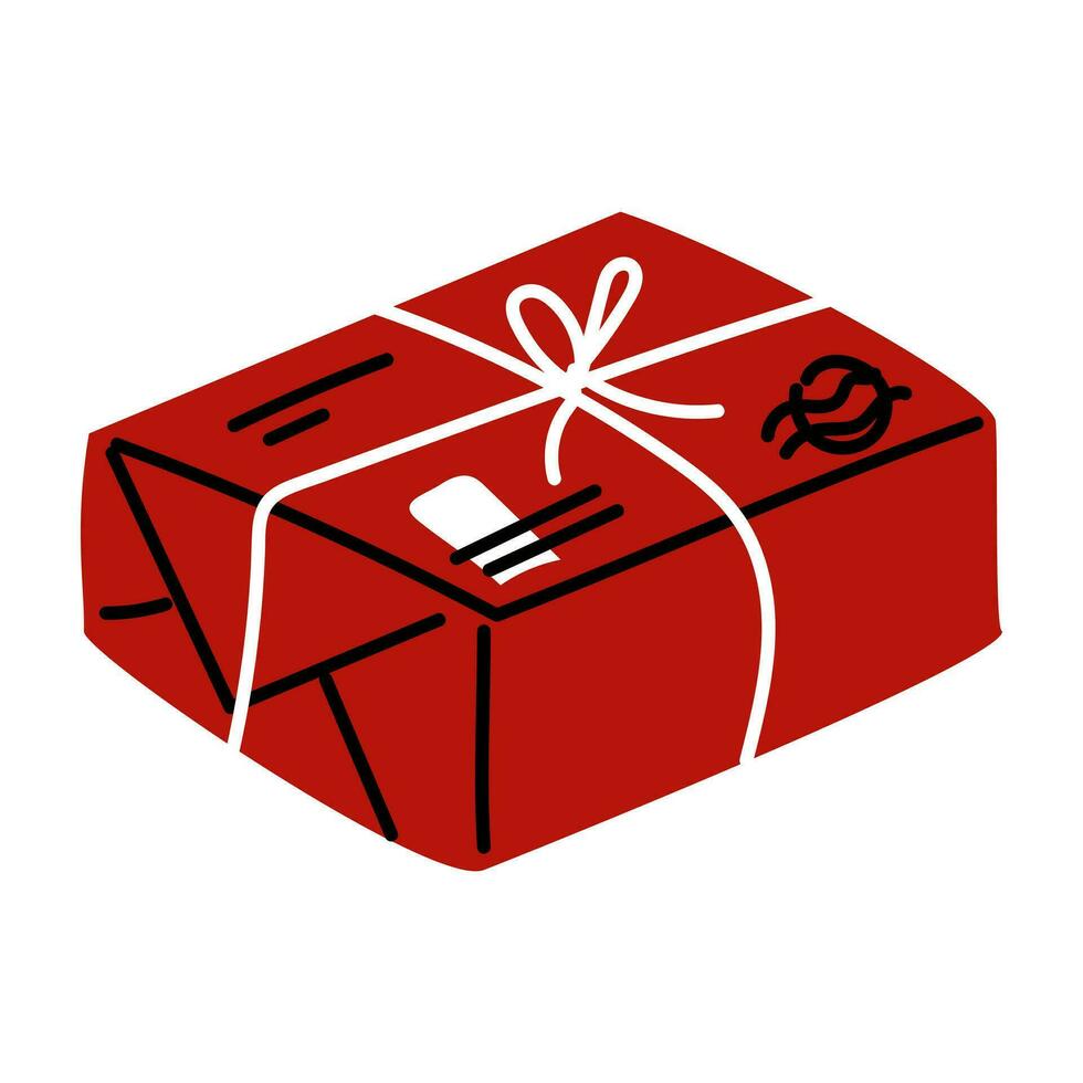 inviare scatola, pacchetto, regalo piatto stile nel rosso, nero colori isolato elemento. un' scatola inviato di posta come un' regalo con francobolli e foche. San Valentino giorno, compleanno, trasferimento di un' rosso scatola con un' bianca filo arco vettore