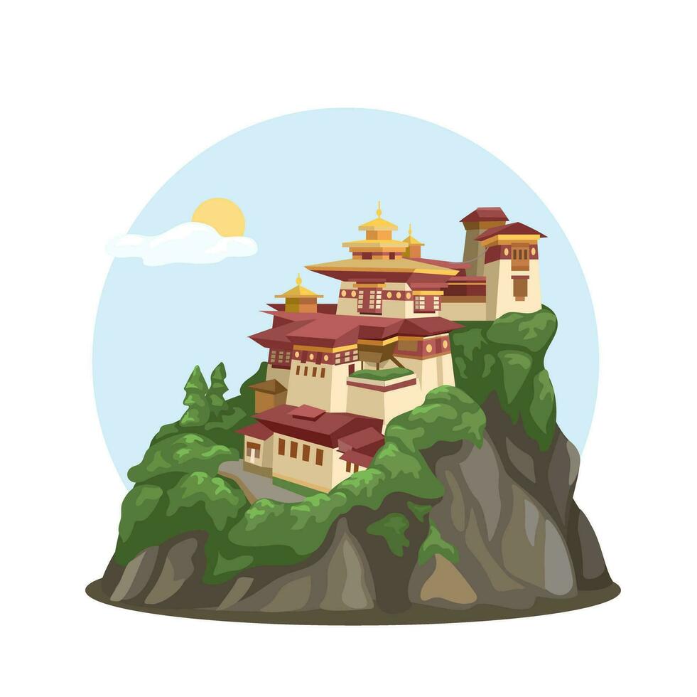 tempio su montagna cartone animato illustrazione vettore