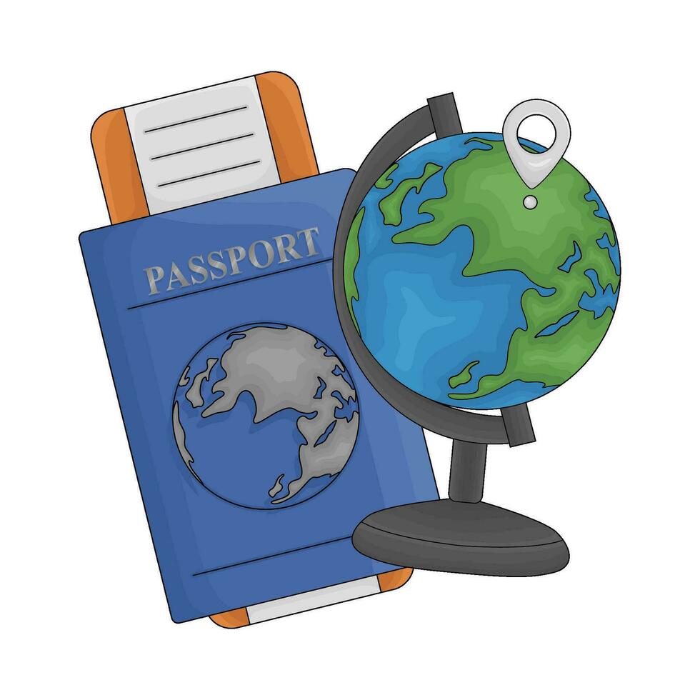biglietto nel passaporto libro con Posizione nel globo illustrazione vettore