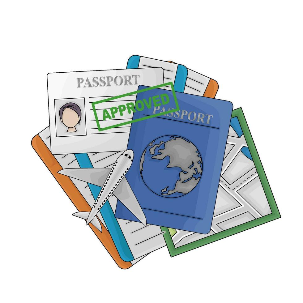 passaporto libro approvato, passaporto carta, biglietto con mappe illustrazione vettore