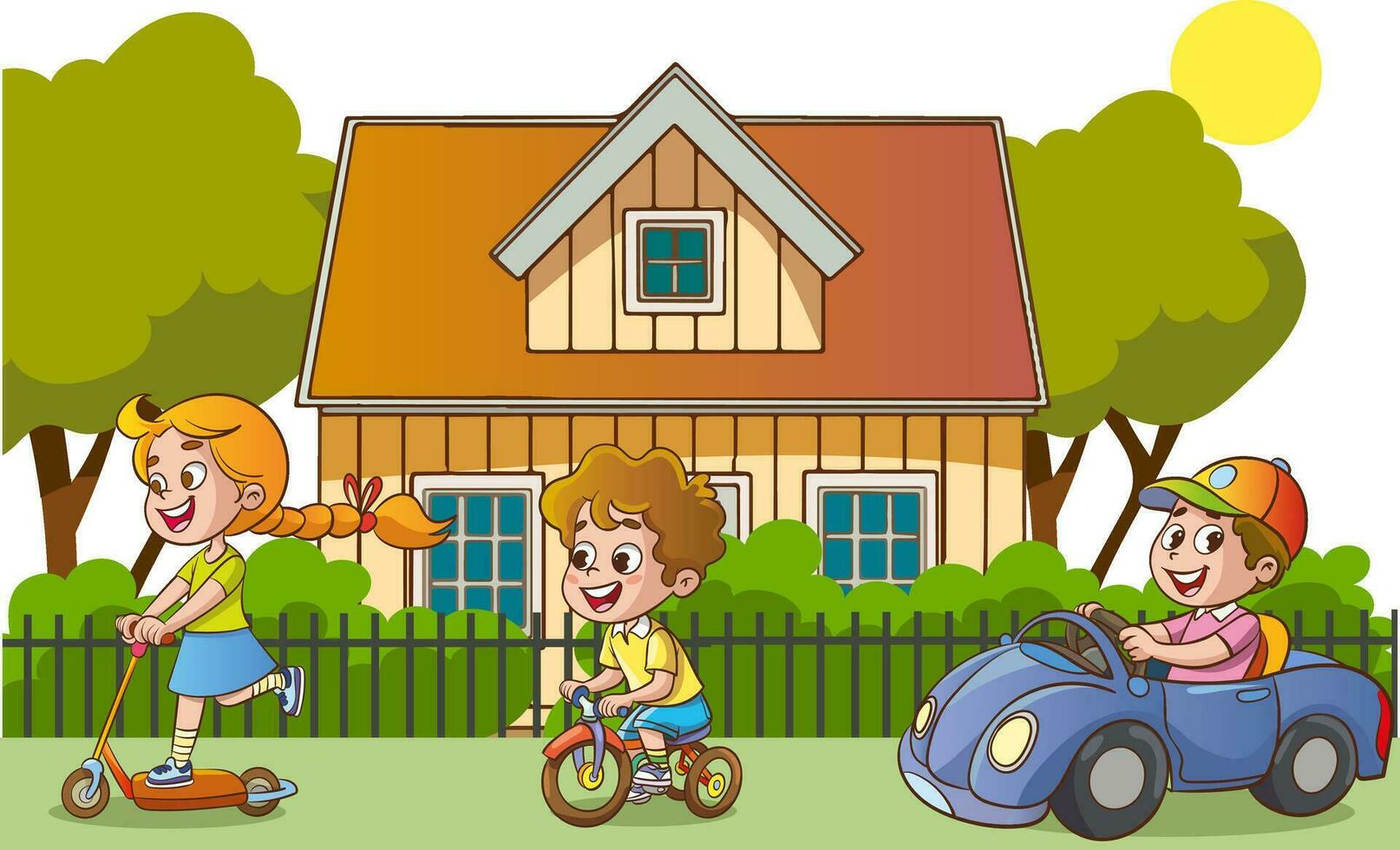 bambini giocando nel il cortile di loro Casa cartone animato stile vettore illustrazione