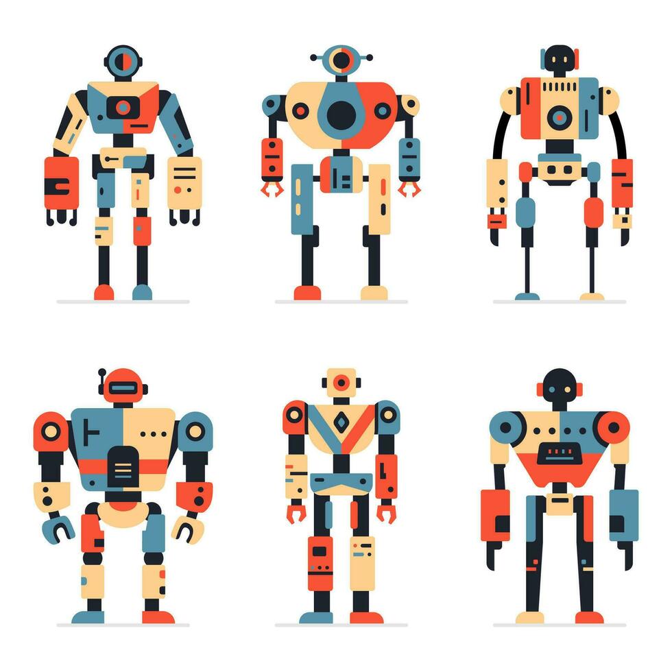 robot impostato macchina tecnologia cyborg. futuristico umanoide personaggi impostare. scienza robotica, androide amichevole carattere, robotica tecnologia vettore illustrazione