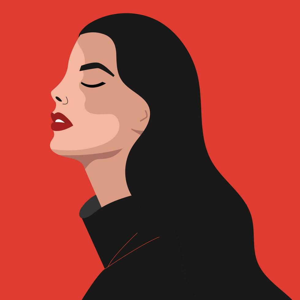 elegante donna su un' rosso sfondo, minimalista serenità vettore