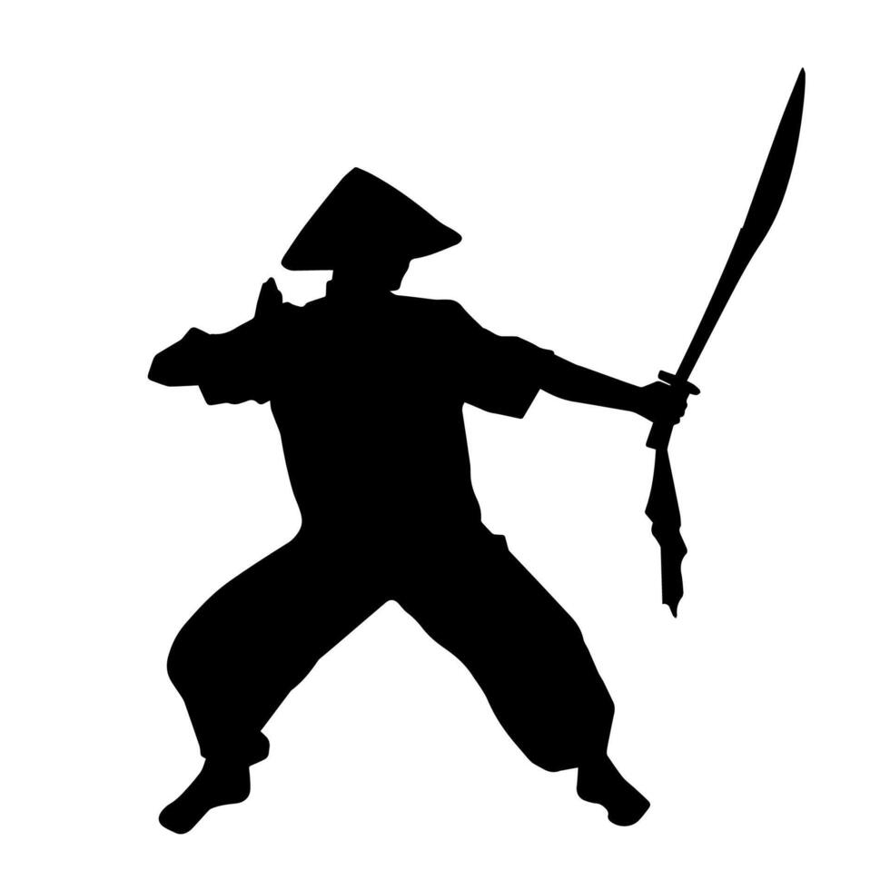 silhouette di un' kungfu o wushu marziale arte atleta nel azione posa. silhouette di un' maschio marziale arte persona nel posa con spade arma. vettore