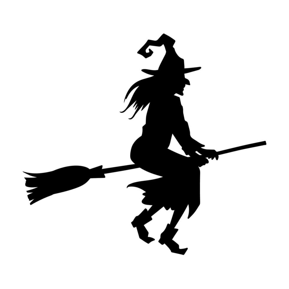 silhouette di un' femmina strega cavalcata scopa vettore