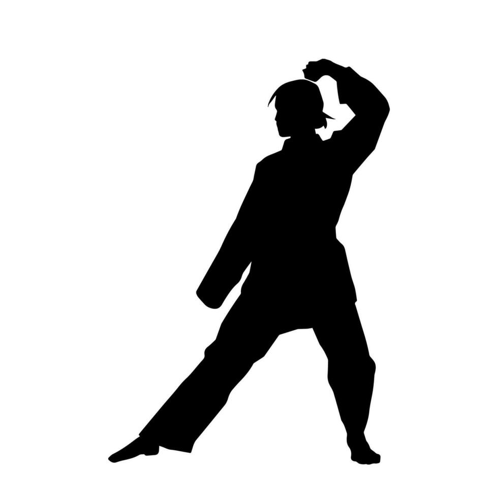 silhouette di un' sottile femmina fare marziale arte posa. silhouette di un' marziale arte donna nel azione posa. vettore
