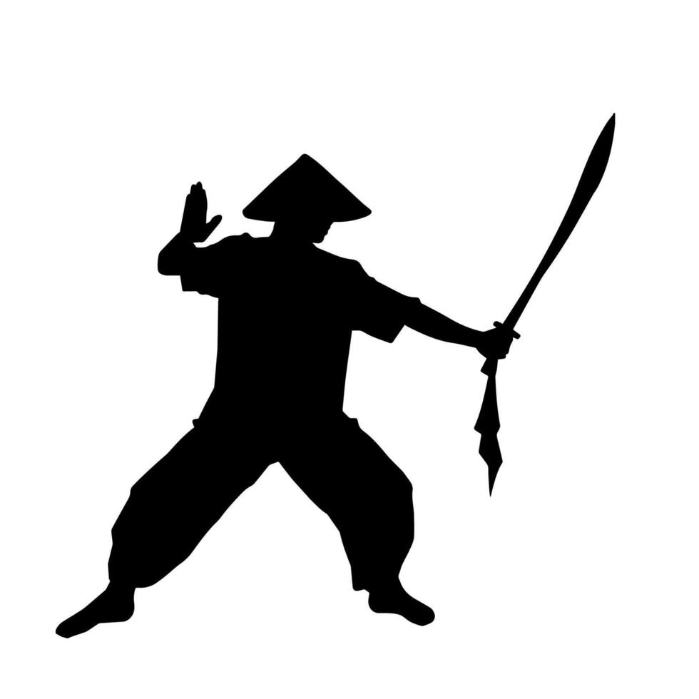 silhouette di un' kungfu o wushu marziale arte atleta nel azione posa. silhouette di un' maschio marziale arte persona nel posa con spade arma. vettore