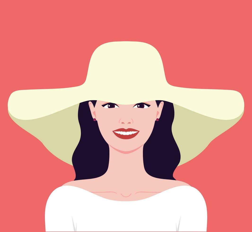 ritratto di un' bellissimo donna nel un' cappello. astratto elegante donna. sorridente femmina faccia.vettore illustrazione vettore