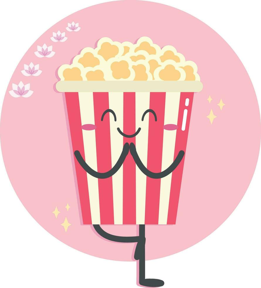 carino cartone animato Popcorn personaggio è fare yoga. Popcorn nel in piedi yoga posa. piatto stile. vettore illustrazione