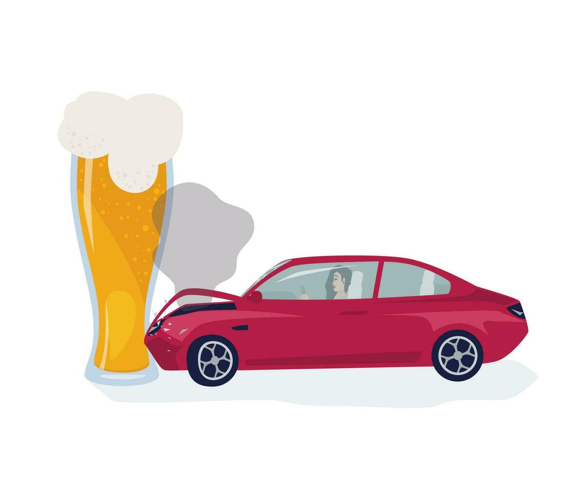 ubriaco autista concetto. auto craccato in birra bicchiere. colorato vettore illustrazione.