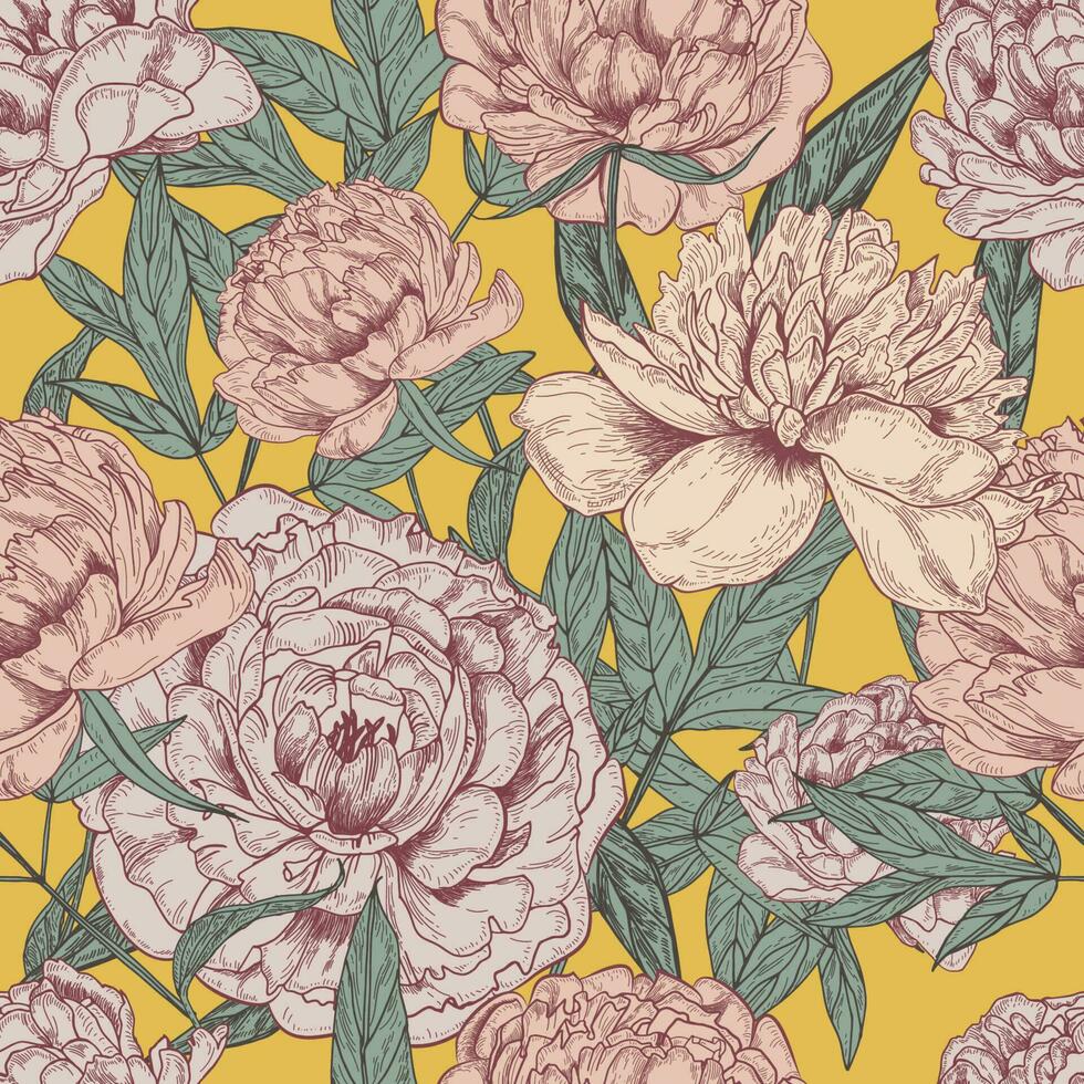 bellissimo dettagliato peonie senza soluzione di continuità modello. mano disegnato fiorire fiori e le foglie. colorato Vintage ▾ vettore illustrazione su giallo sfondo.