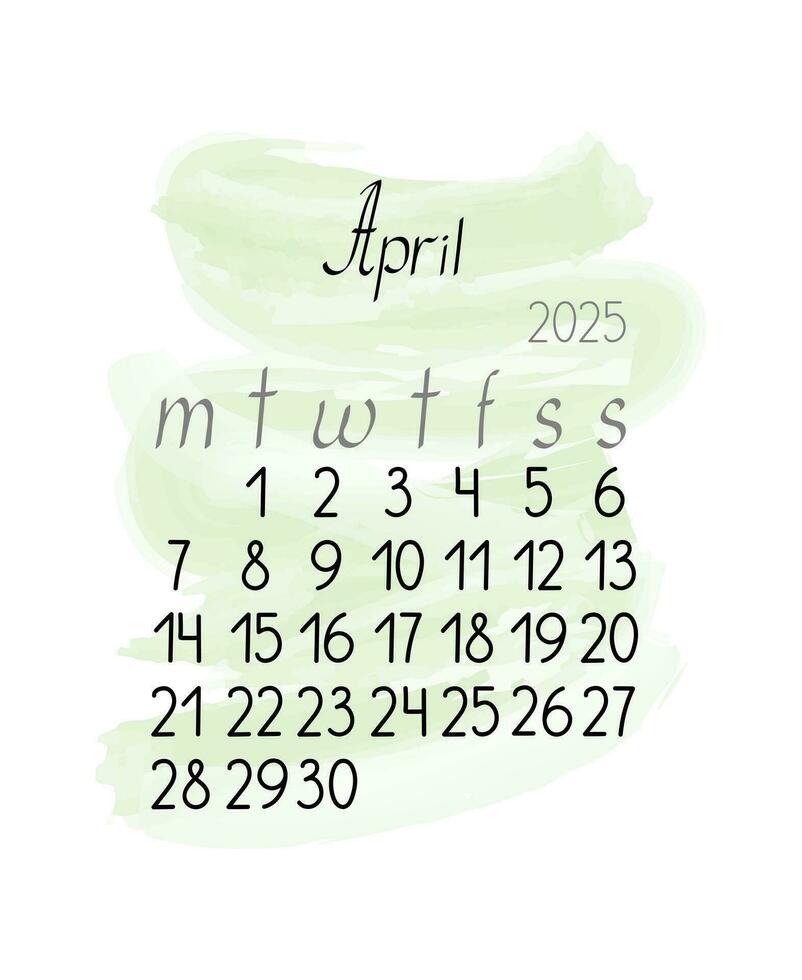 calendario mensile modello per aprile 2025 nel semplice minimalista stile verticale ritratto orientamento, astratto colorato informe sfondo, settimana inizia su lunedì, vettore stampabile pagina