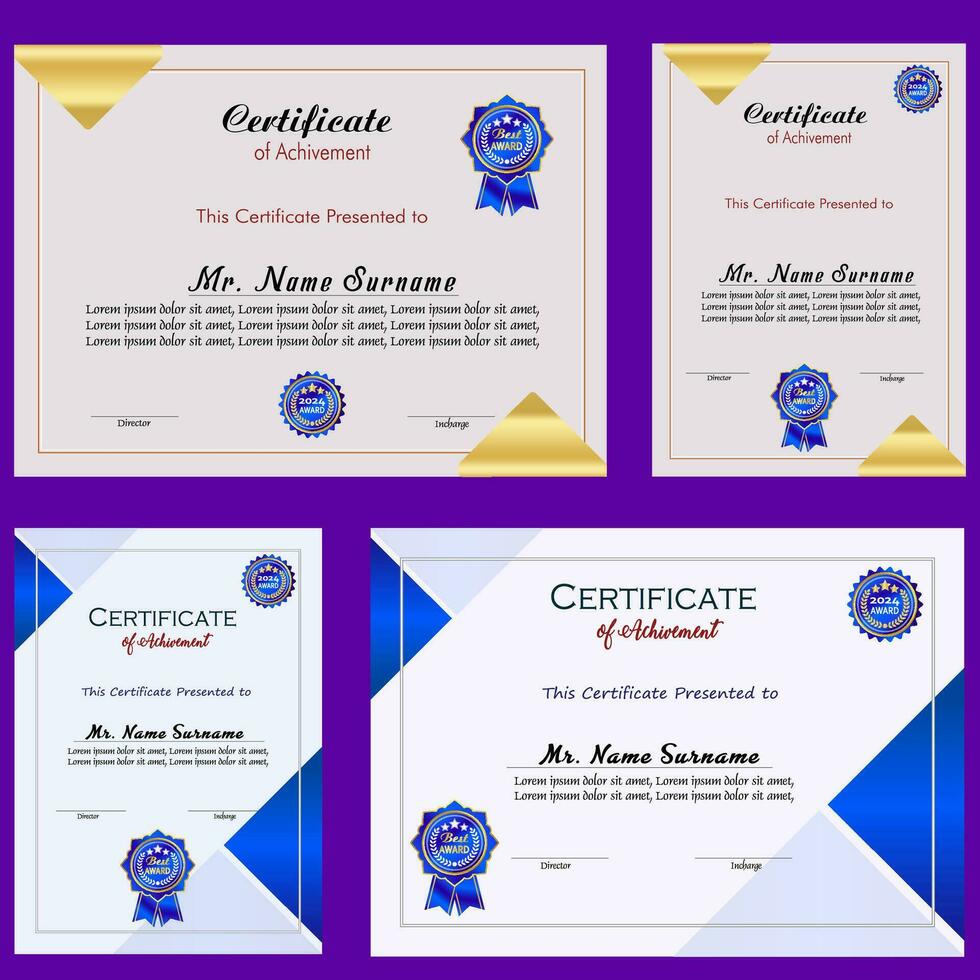 certificato di realizzazione modello impostato con oro distintivo e confine, apprezzamento e realizzazione certificato modello design. elegante diploma certificato modello vettore