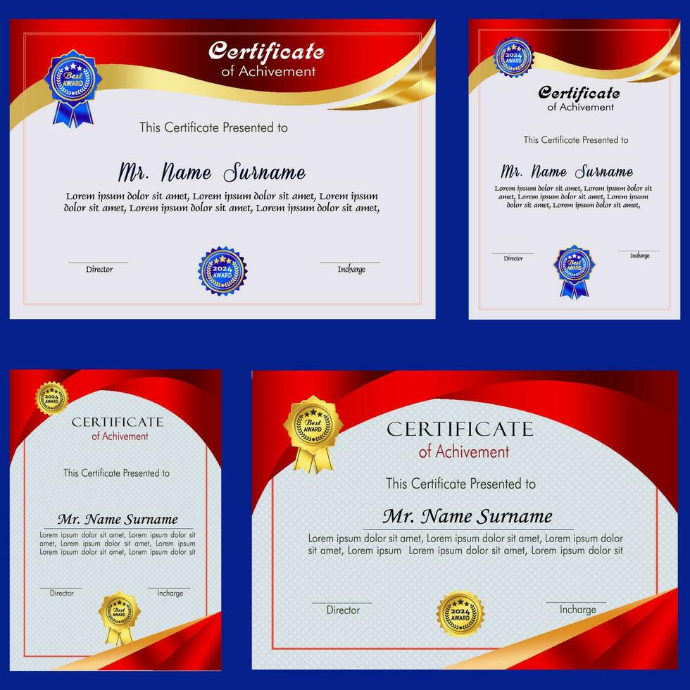 certificato di realizzazione modello impostato con oro distintivo e confine, apprezzamento e realizzazione certificato modello design. elegante diploma certificato modello vettore