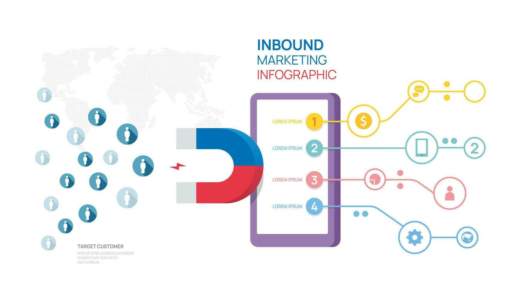 Infografica in entrata marketing diagramma modello per attività commerciale. magnete attrarre nuovo conduce e generando reddito concetto, vettore illustrazione.