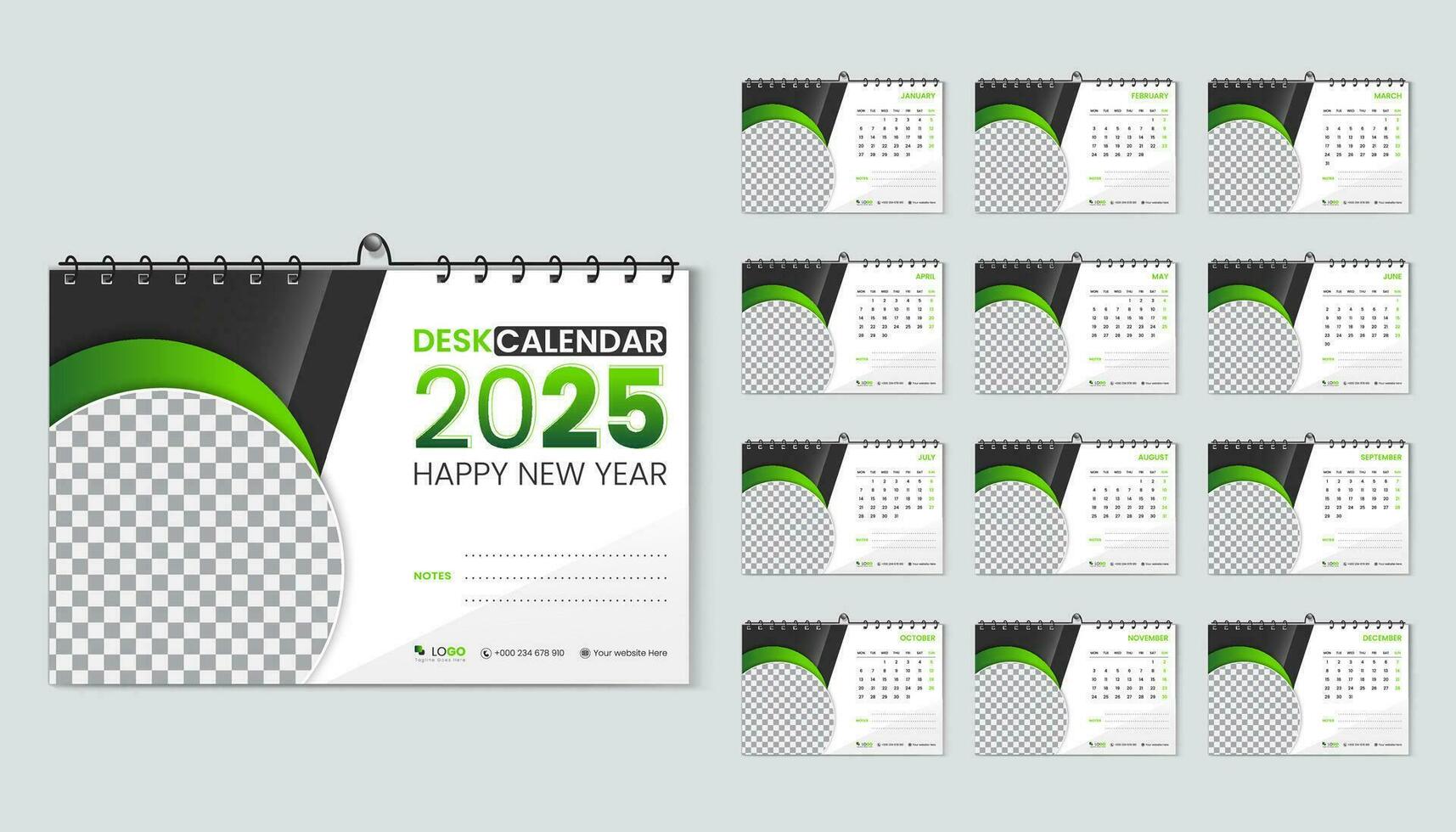 scrivania calendario 2025 progettista e aziendale design modello impostare, annuale calendario 2025 per 12 mesi, settimana inizia lunedì, astratto verde pendenza colore forma con vettore disposizione