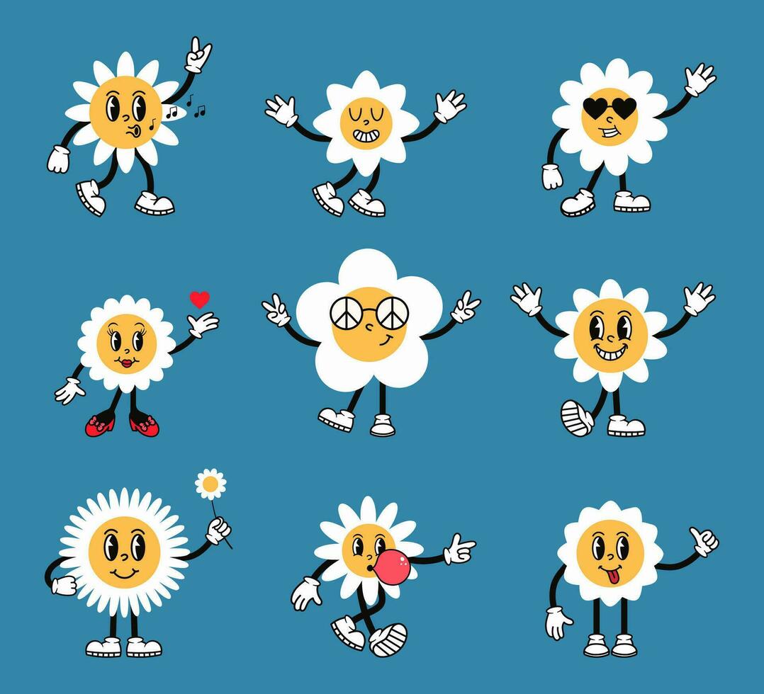 Groovy camomilla fiori personaggio impostare. carino retrò portafortuna con divertente facce. cartone animato vettore illustrazione.