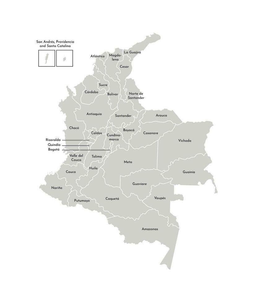 vettore isolato illustrazione di semplificato amministrativo carta geografica di Colombia. frontiere e nomi di il dipartimenti, regioni. grigio sagome. bianca schema