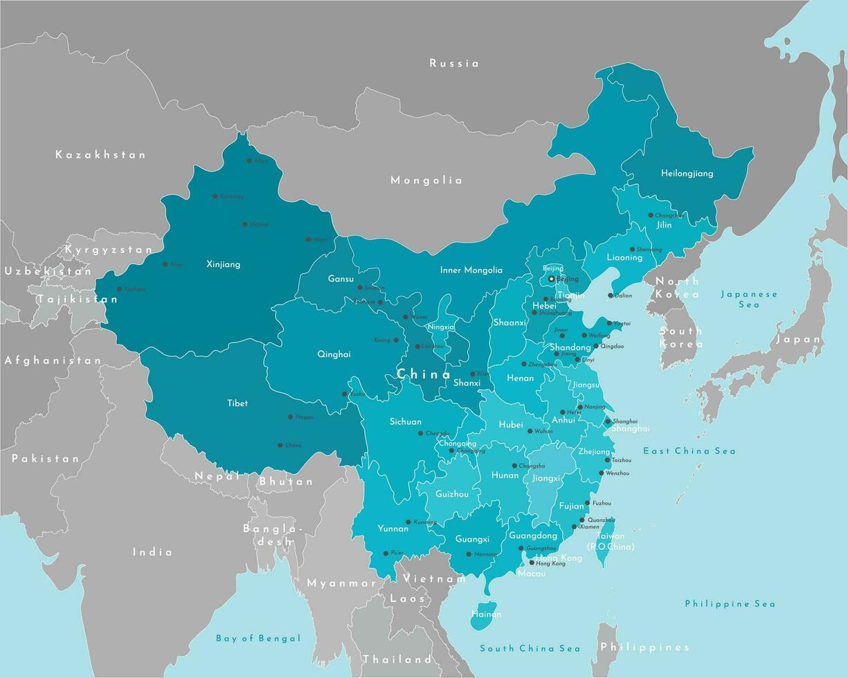 vettore moderno illustrazione. semplificato geografico carta geografica di Cina e più vicino stati su continente. blu sfondo di mari. nomi di il città Pechino e province.