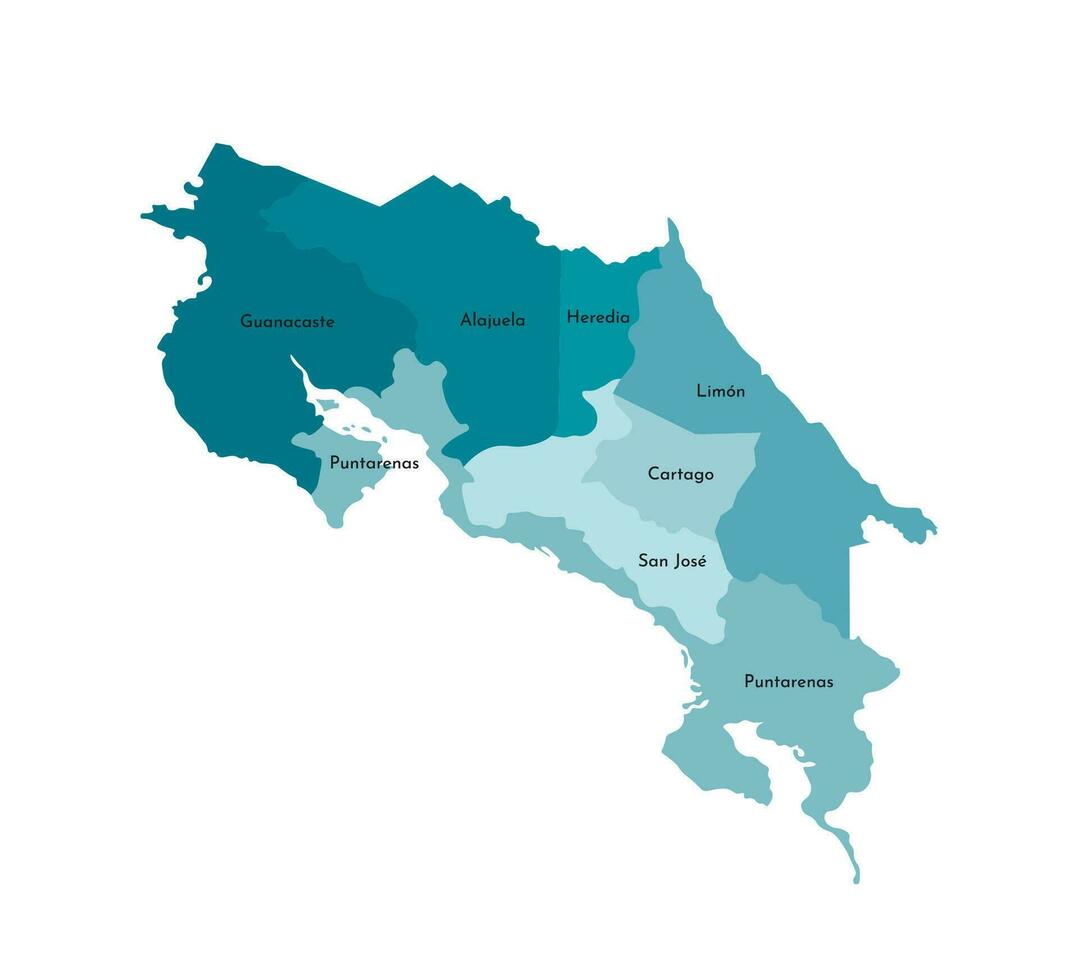 vettore isolato illustrazione di semplificato amministrativo carta geografica di costa rica. frontiere e nomi di il province, regioni. colorato blu cachi sagome