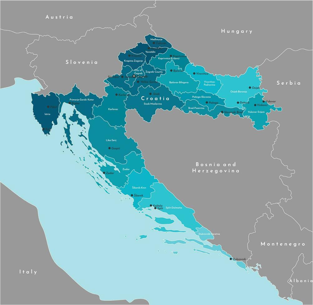 vettore moderno illustrazione. semplificato amministrativo carta geografica di Croazia e frontiere con vicino Paesi. blu sfondo di Adriatico mare. nomi di croato città e contee, regioni.