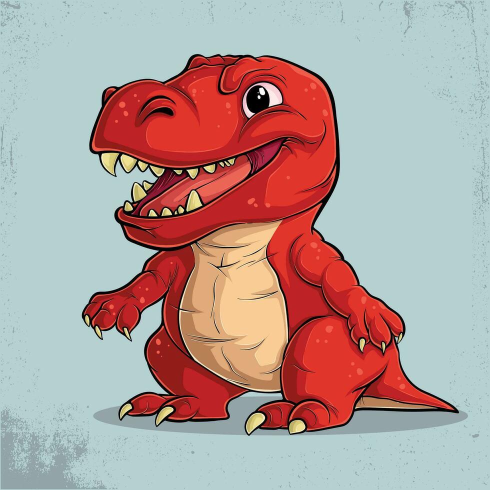 comico rosso t-rex disegnato a mano illustrazione su un' grunge blu sfondo vettore