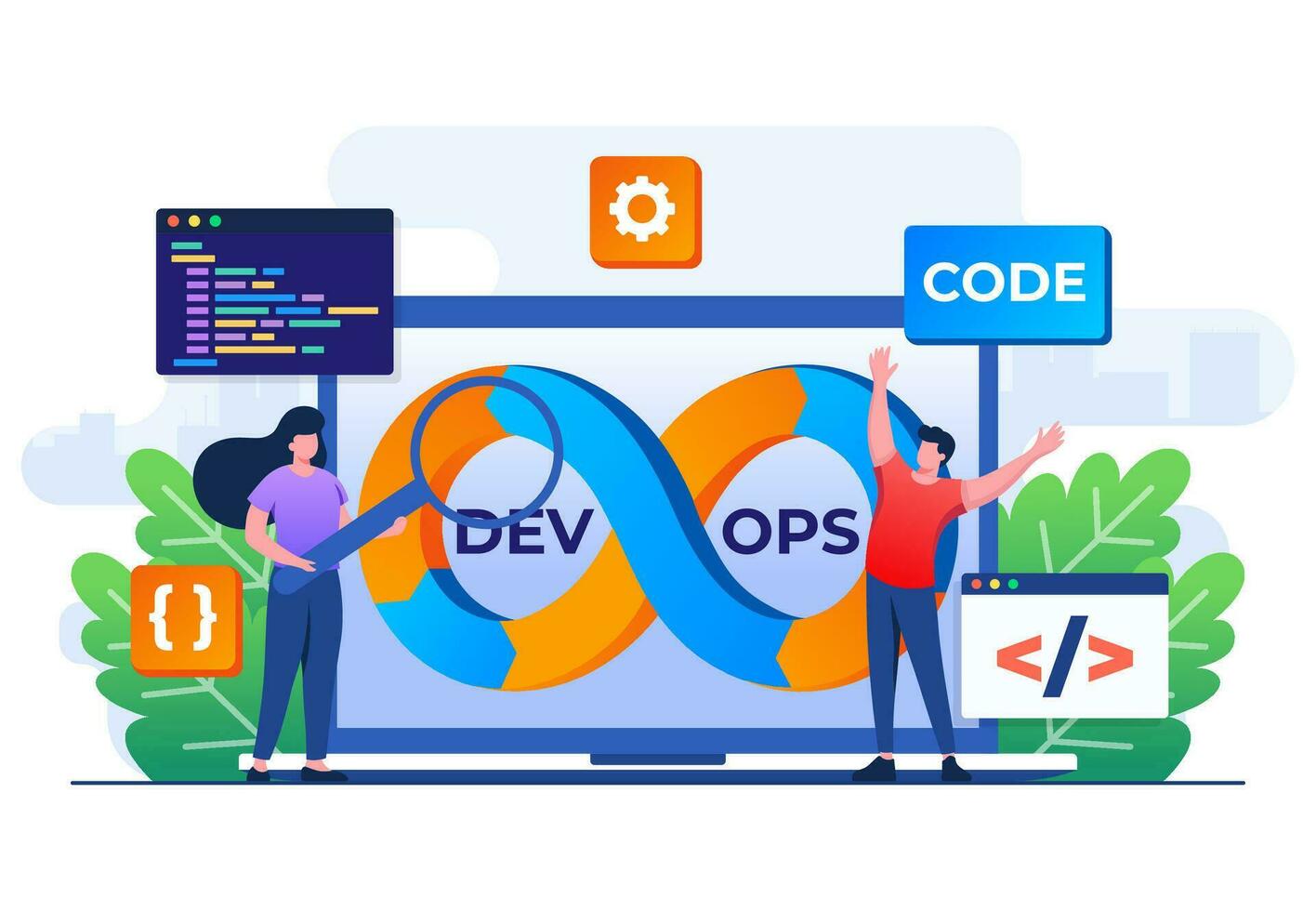 programmatori pratica sviluppo e Software operazioni, devops metodologia, tecnico sostegno, automazione processi, Software sviluppo e esso operazioni concetto piatto illustrazione vettore modello