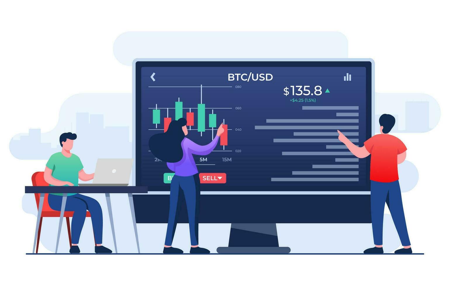 persone analizzando candeliere grafici e azione mercato statistiche, azione commercio, economico crescita, attività commerciale investimento, azione mercato tendenze, tecnico analisi strategia, attività commerciale profitti calcolo vettore