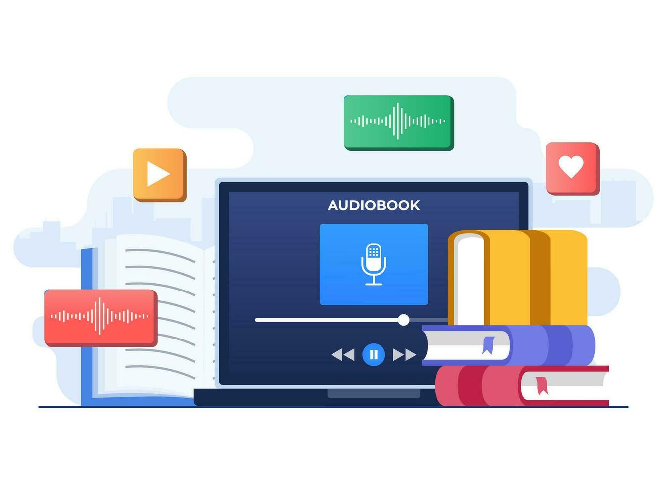 ascolta per audiolibro in linea, audiolibro applicazione su il computer portatile computer schermo piatto illustrazione vettore modello, streaming servizio, in linea musica giocatore