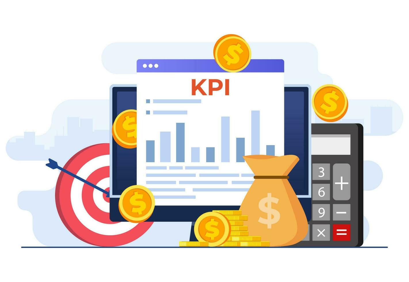 kpi, chiave prestazione indicatori attività commerciale tecnico concetto piatto vettore illustrazione, prestazione valutazione e dinamica su Pannello, strategia, dati rapporto, efficiente flusso di lavoro, attività commerciale intelligenza