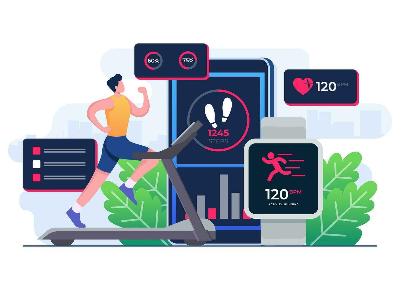 uomo personaggio in esecuzione su un' tapis roulant, fitness inseguitore mobile App piatto illustrazione vettore modello, inteligente Lavorando, addestramento, gli sport esercizi, monitoraggio cuore Vota nel fitness App su un' smartphone