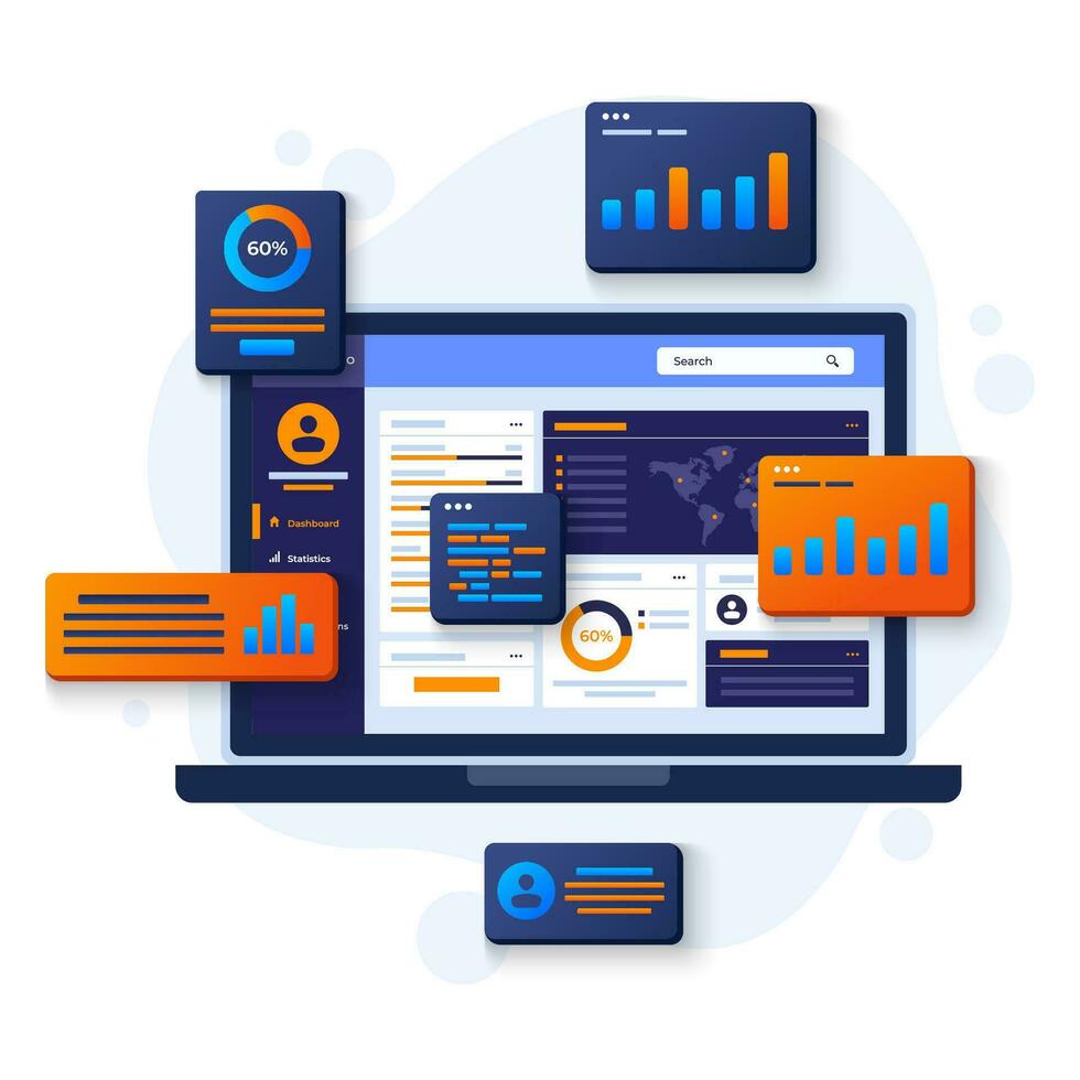 dati e informazione visualizzazione su cruscotti, SEO marketing pubblicità analitica vettore illustrazione concetto, marketing analisi, mercato ricerca, attività commerciale analisi