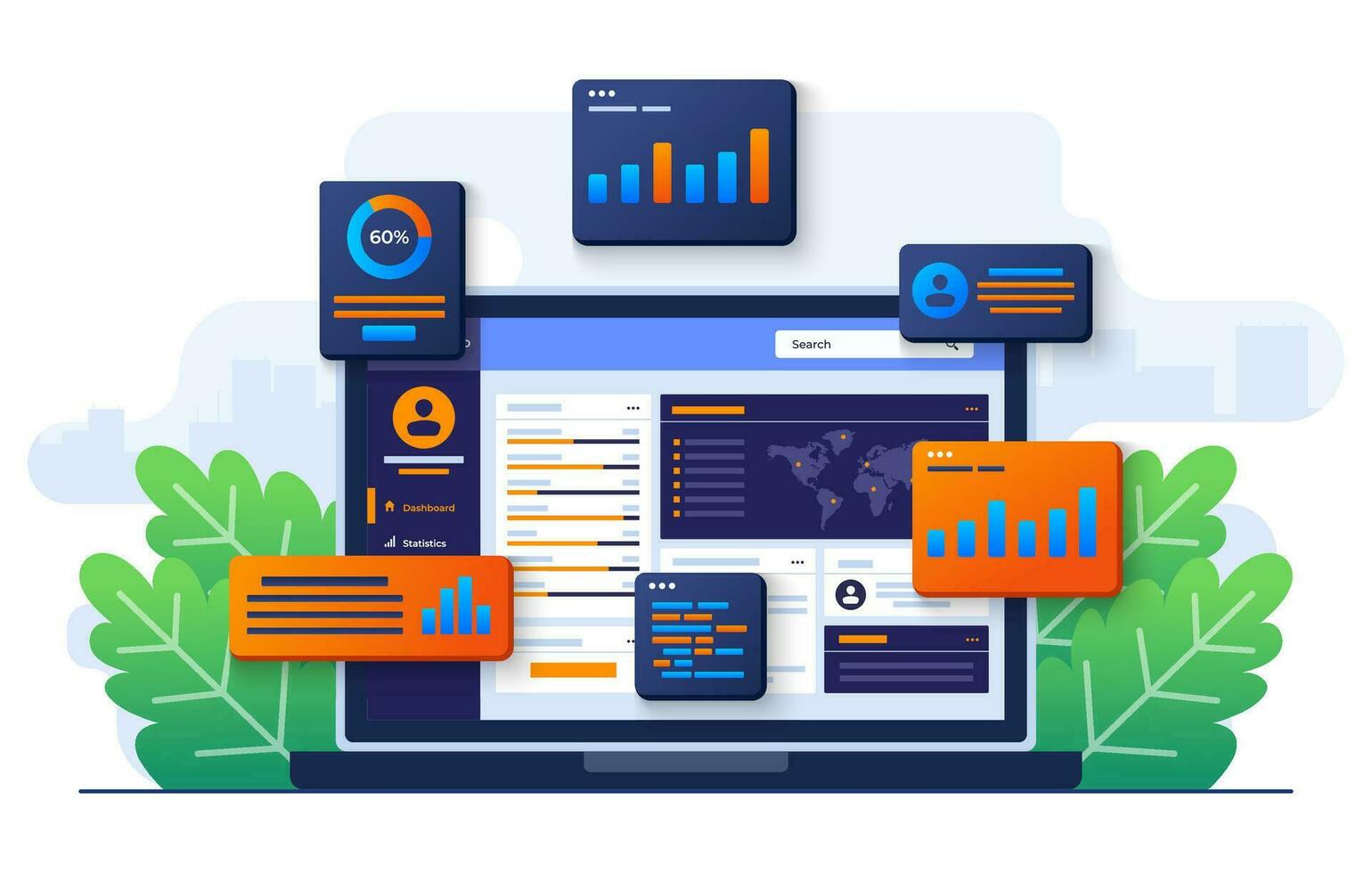 dati grafici, grafici, e un' pannello di controllo su il computer portatile schermo, SEO marketing pubblicità analitica vettore illustrazione, marketing analisi, mercato ricerca, attività commerciale analisi, finanziario rapporti e ricerca