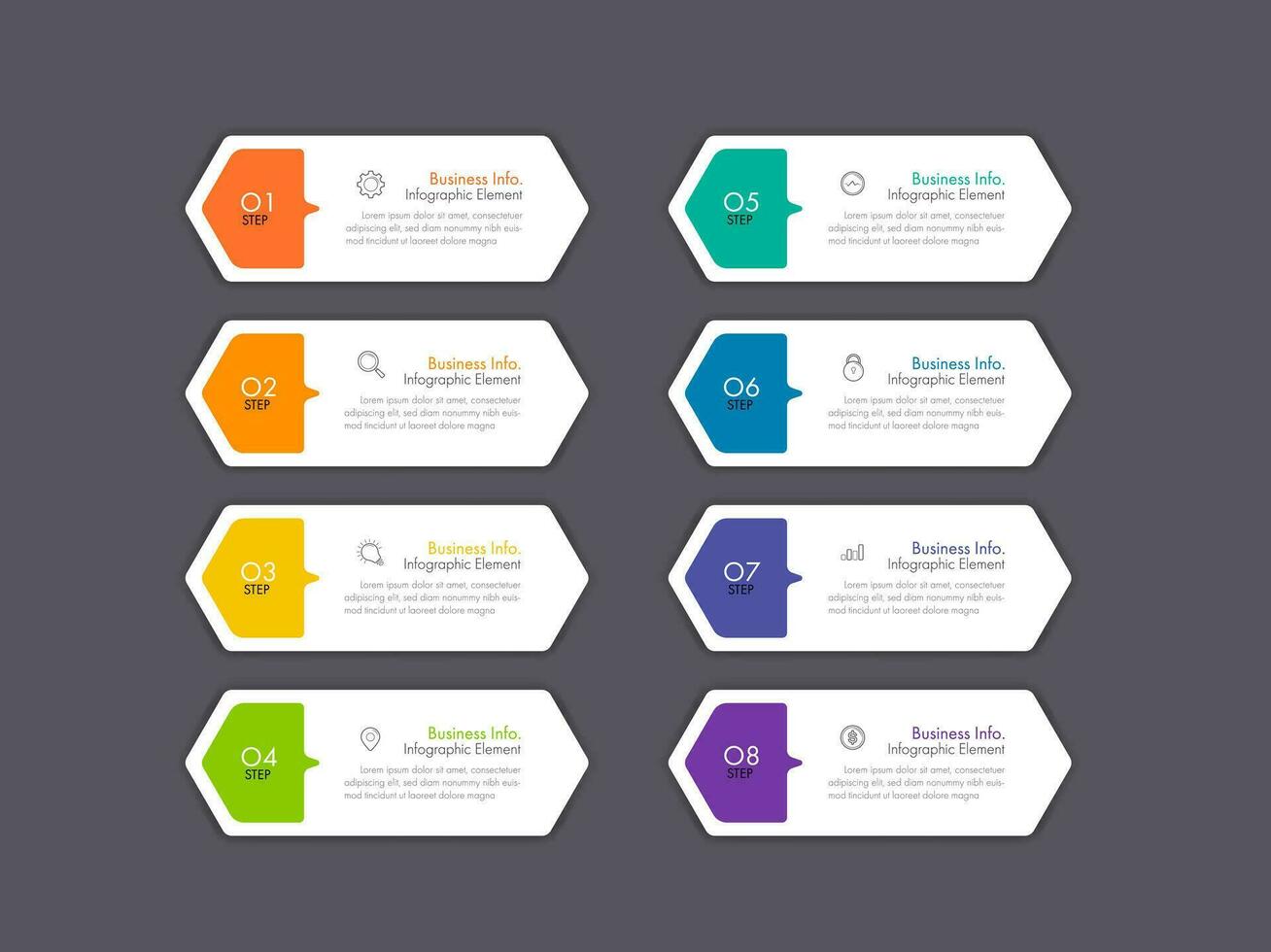 il moderno design aziendale di infografica con 8 concetti di opzioni, parti, passaggi o processi può essere utilizzato per il layout del flusso di lavoro, il diagramma, le opzioni numeriche, il web design. elemento infografico. vettore