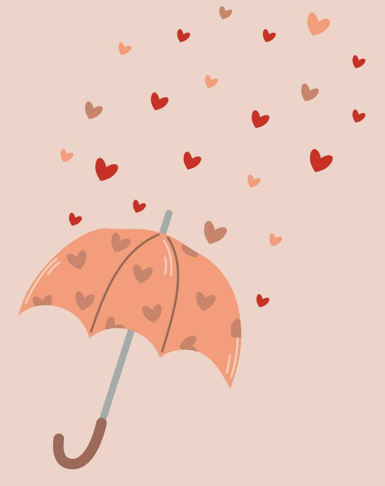 romantico carta con cuori, pioggia di cuori con ombrello, amore modello per sfondo vettore