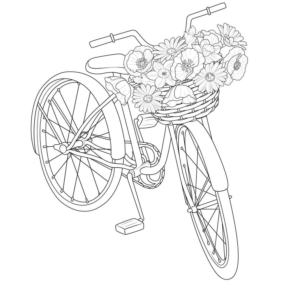 bicicletta con un' cestino di fiori nero e bianca illustrazione per colorazione vettore