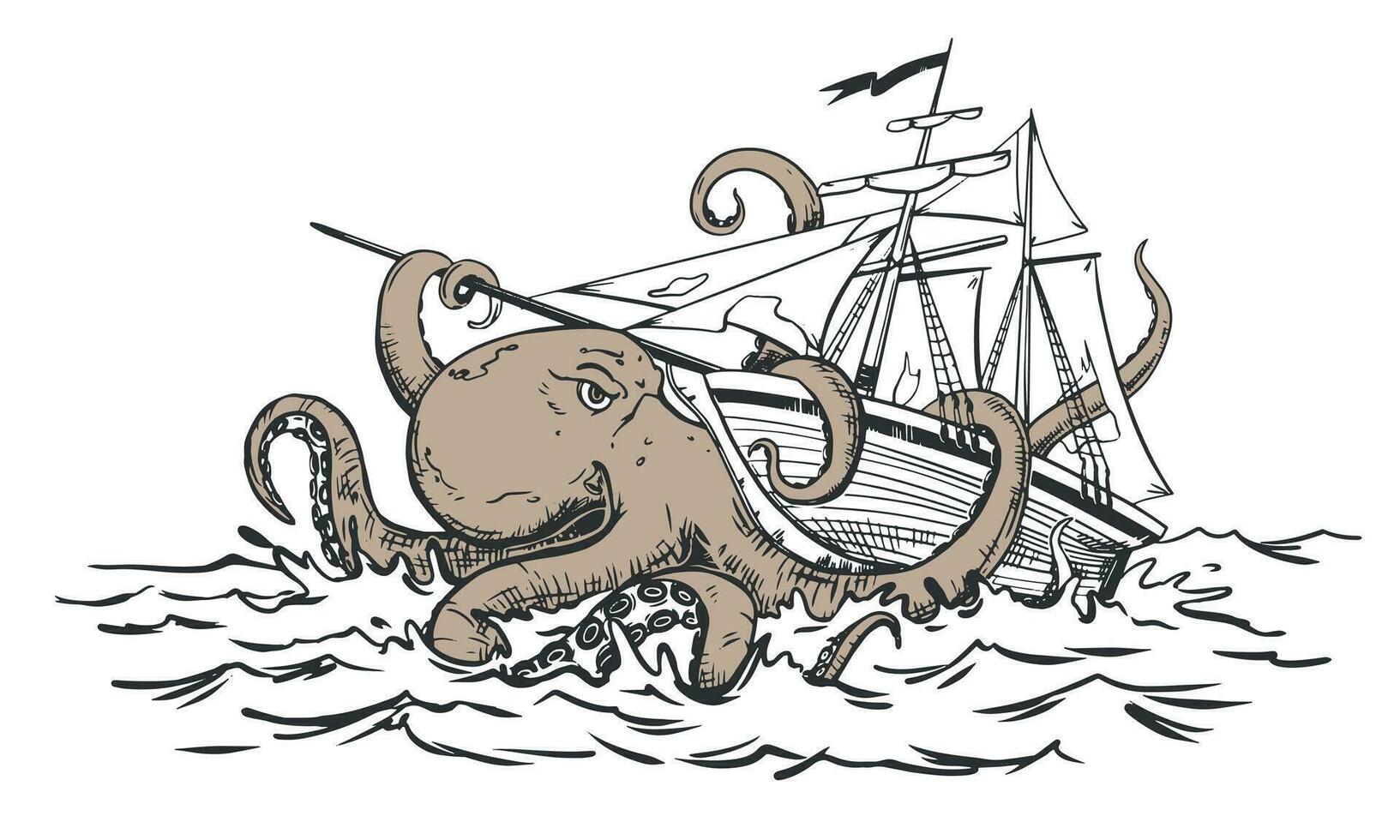 un' mitico mostro a partire dal il buio profondità attacchi il nave. il polpo impacchi suo tentacoli in giro il nave e tira esso per il parte inferiore. vettore Immagine di il kraken.