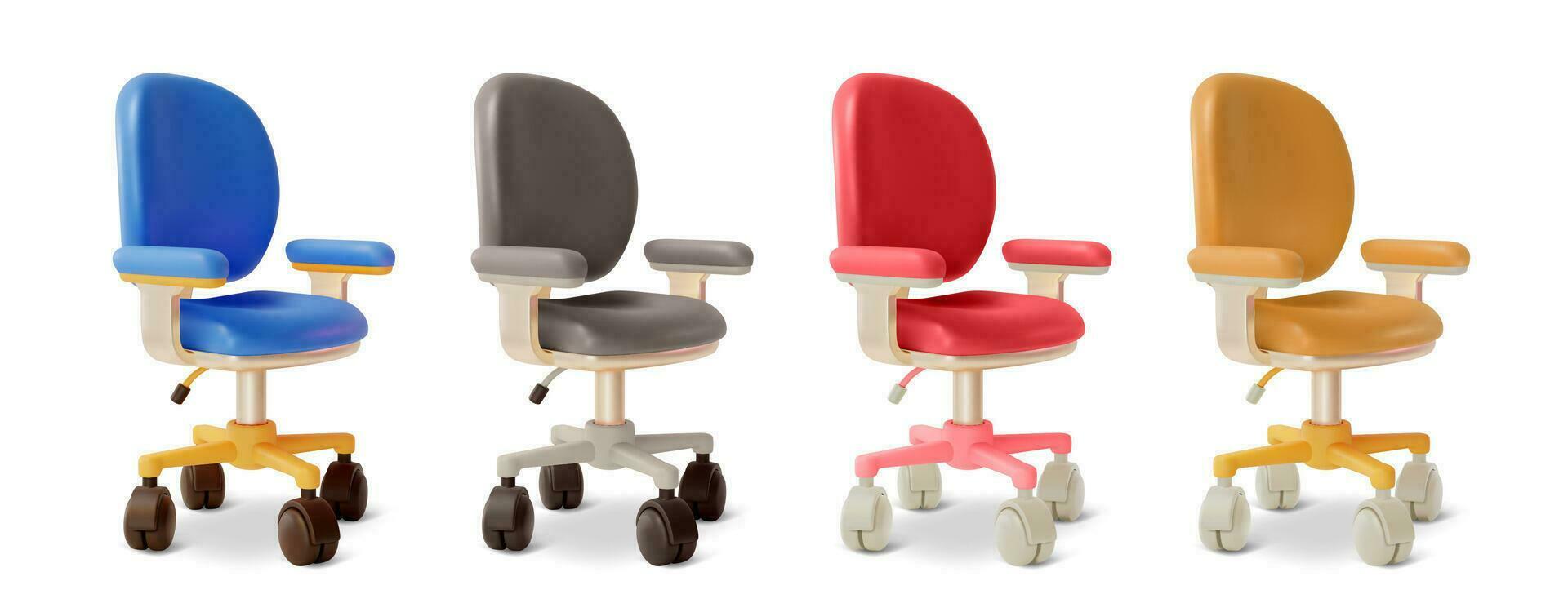 3d diverso colore ufficio sedia su ruote cartone animato stile. vettore