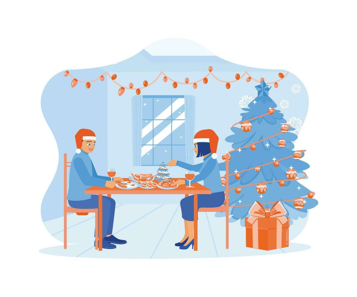 un' giovane coppia è indossare Santa cappelli e seduta insieme a il cenare tavolo. celebrare Natale vigilia con cena insieme a casa. famiglia condivisione Natale vigilia concetto. vettore